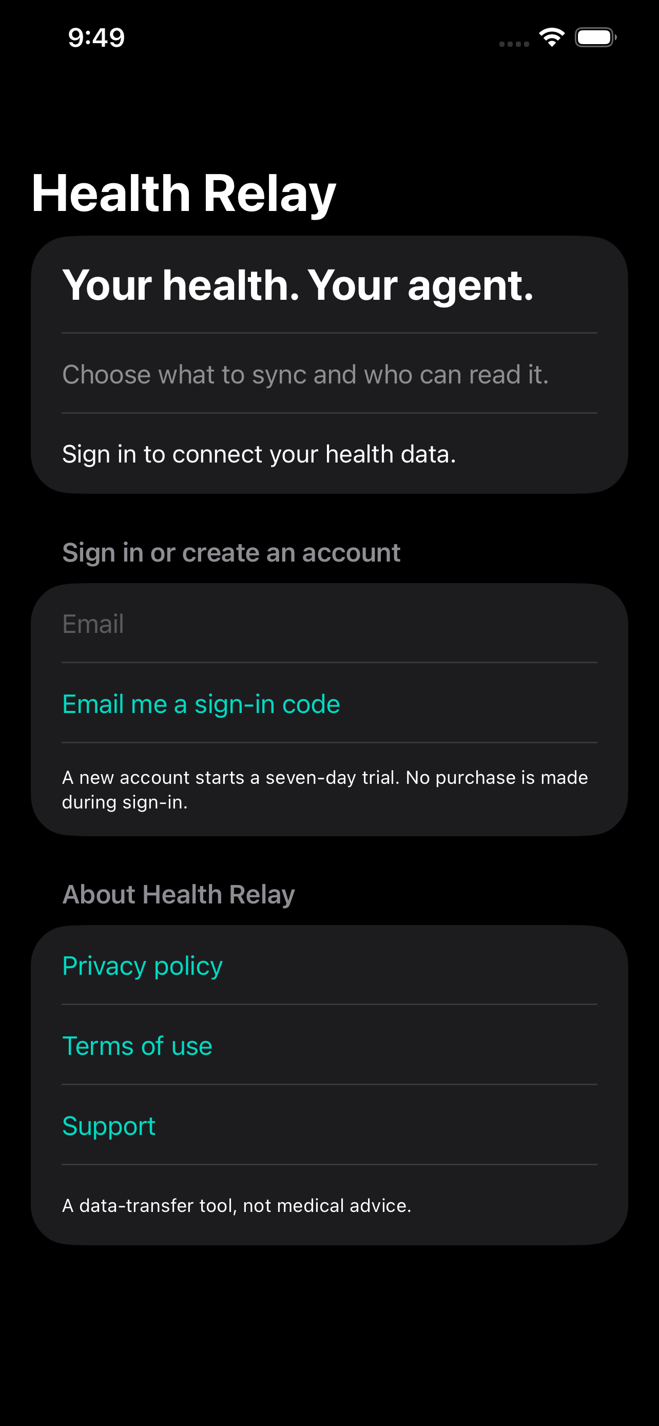 Health Relay sign-in screen showing the message Your health. Your agent.
